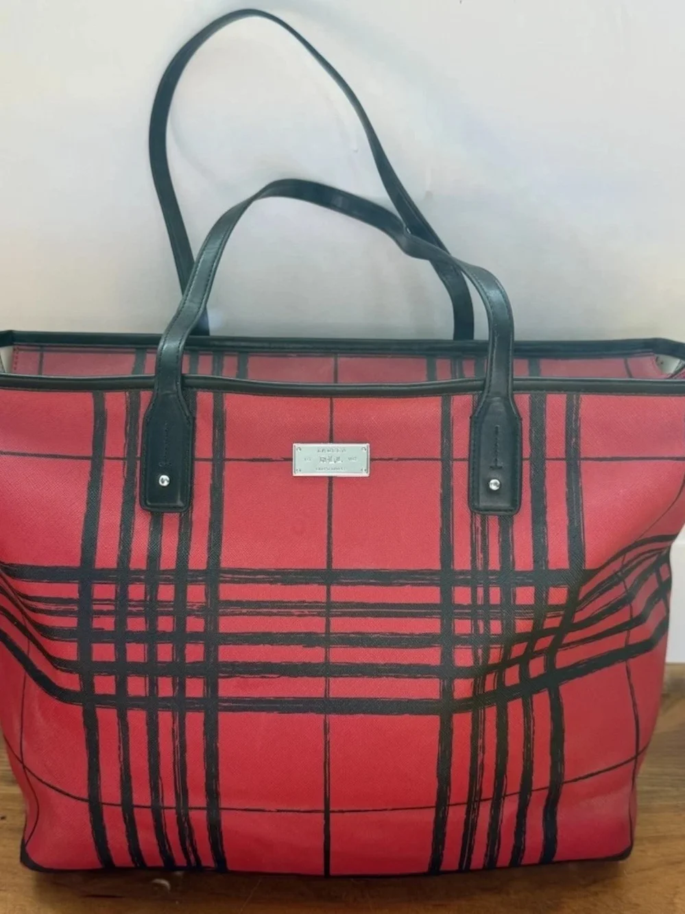 Ralph Lauren Red Plaid Tote with Black Trim and Silver Plaque